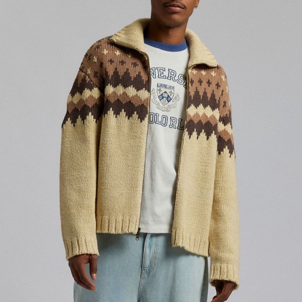 NWT BDG Knit Tacoma Geometric Patterned Full Zip Cardigan Sweater Brown & Cream